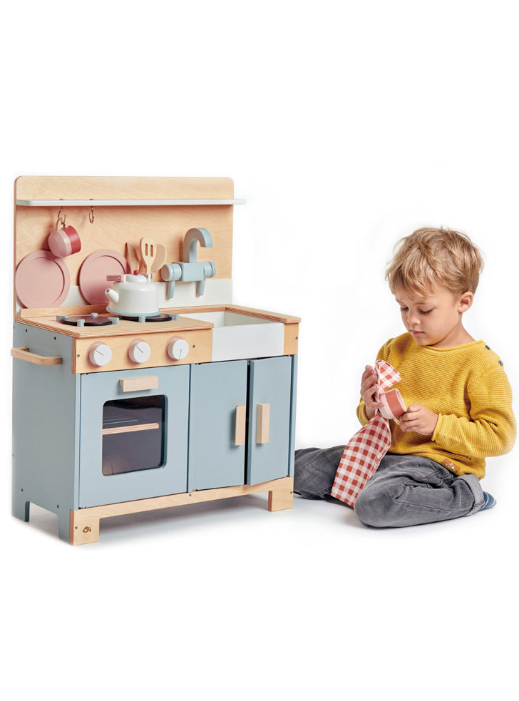 Small Blue Wooden Kitchen Childrens Toy Set - Lifestyle Image 4