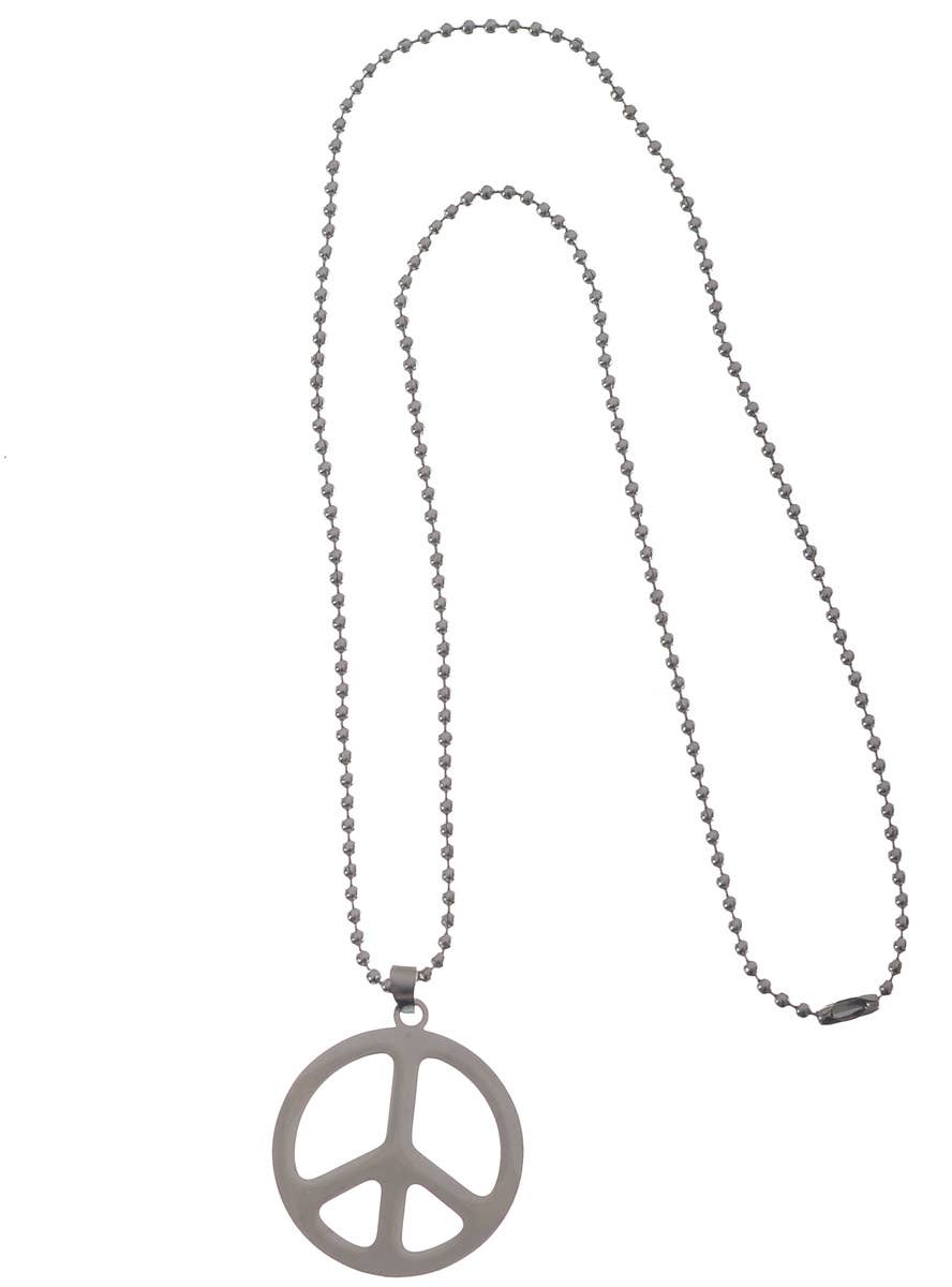 Small Silver 70s Peace Sign Hippie Costume Necklace - Main Image