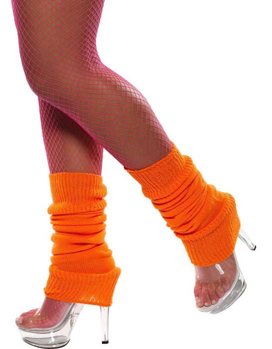 Women's Knitted Neon Orange Flash dance 80's Retro Leg Warmers Costume Accessory Main Image