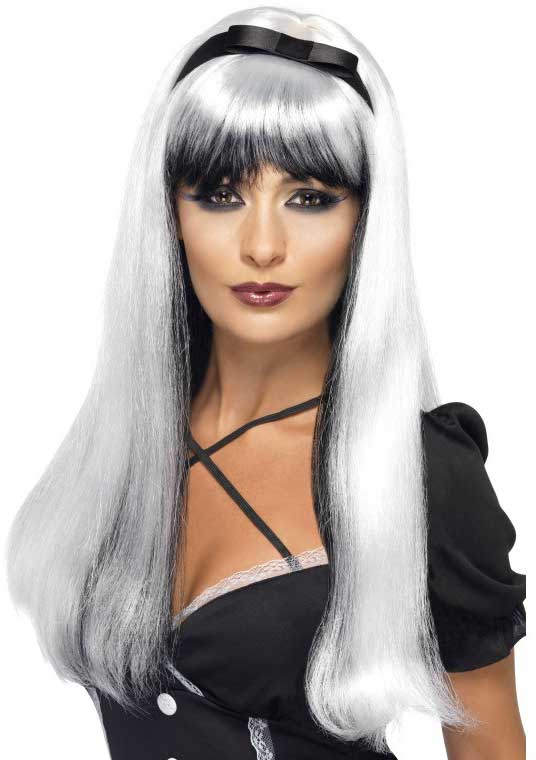 Long Straight White and Black Women's Halloween Costume Wig with Bow