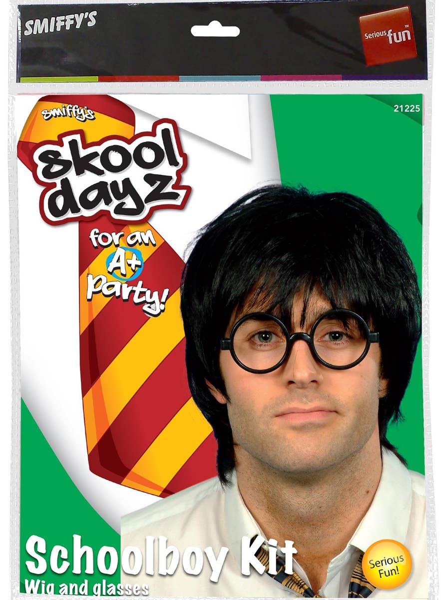 School Boy Men's Short Black Costume Wig and Glasses Accessory Set Packaging Image