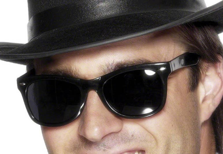 50's Style Black Frame Costume Glasses with Black Lenses Close Up Image