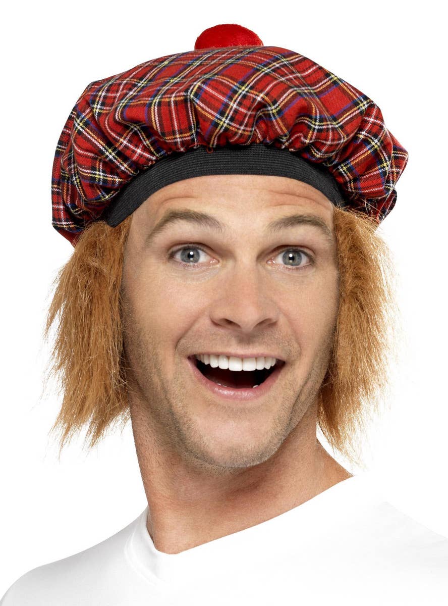 Red Tartan Tam o Shanter Hat with Hair