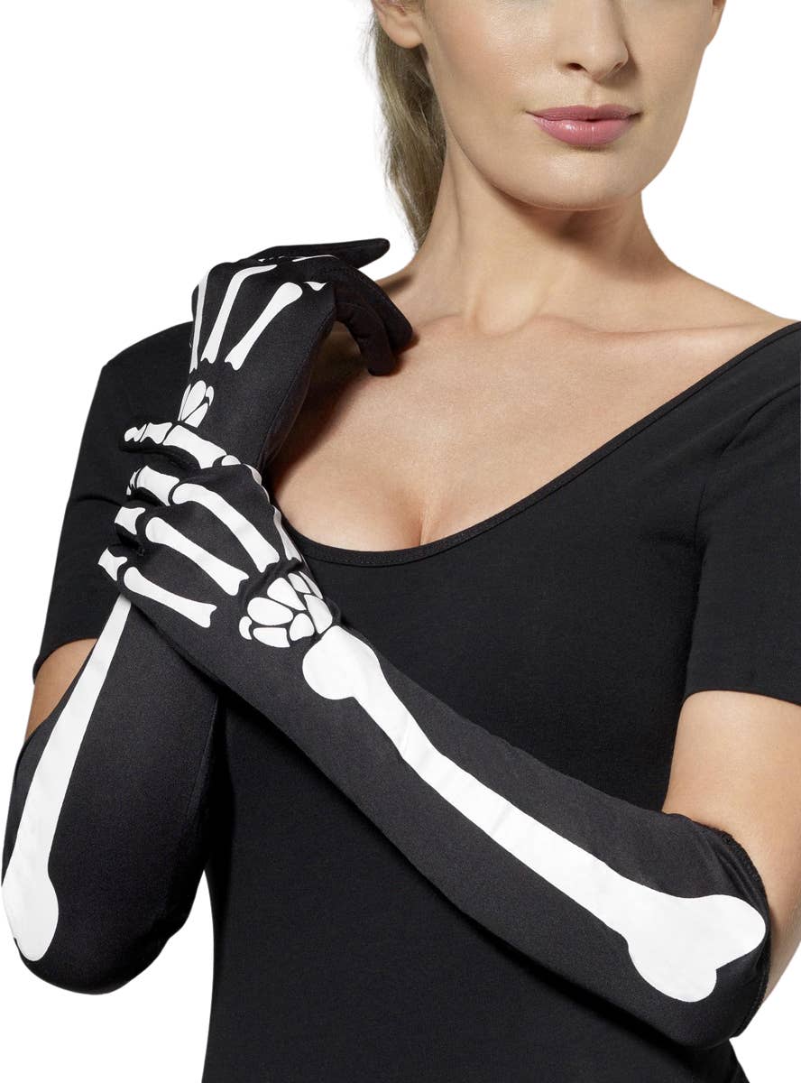 Women's Long Black Skeleton Print Costume Accessory Gloves Main Image