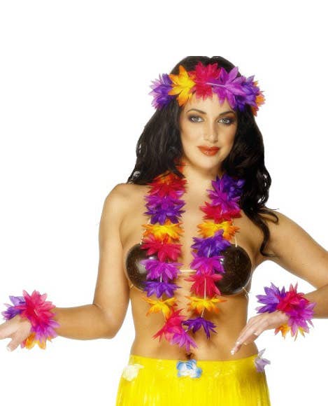 Pink and Purple Hawaiian Lei with Matchng Headband and Wrist Bands Alt Image