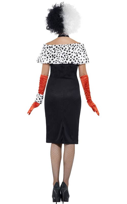 Sleeveless Dalmatian Print Cruella Halloween Costume for Women - Back Image