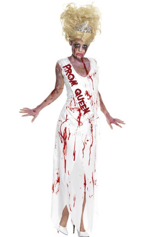 Women's Bloody High School Prom Queen Zombie Halloween Costume Front View