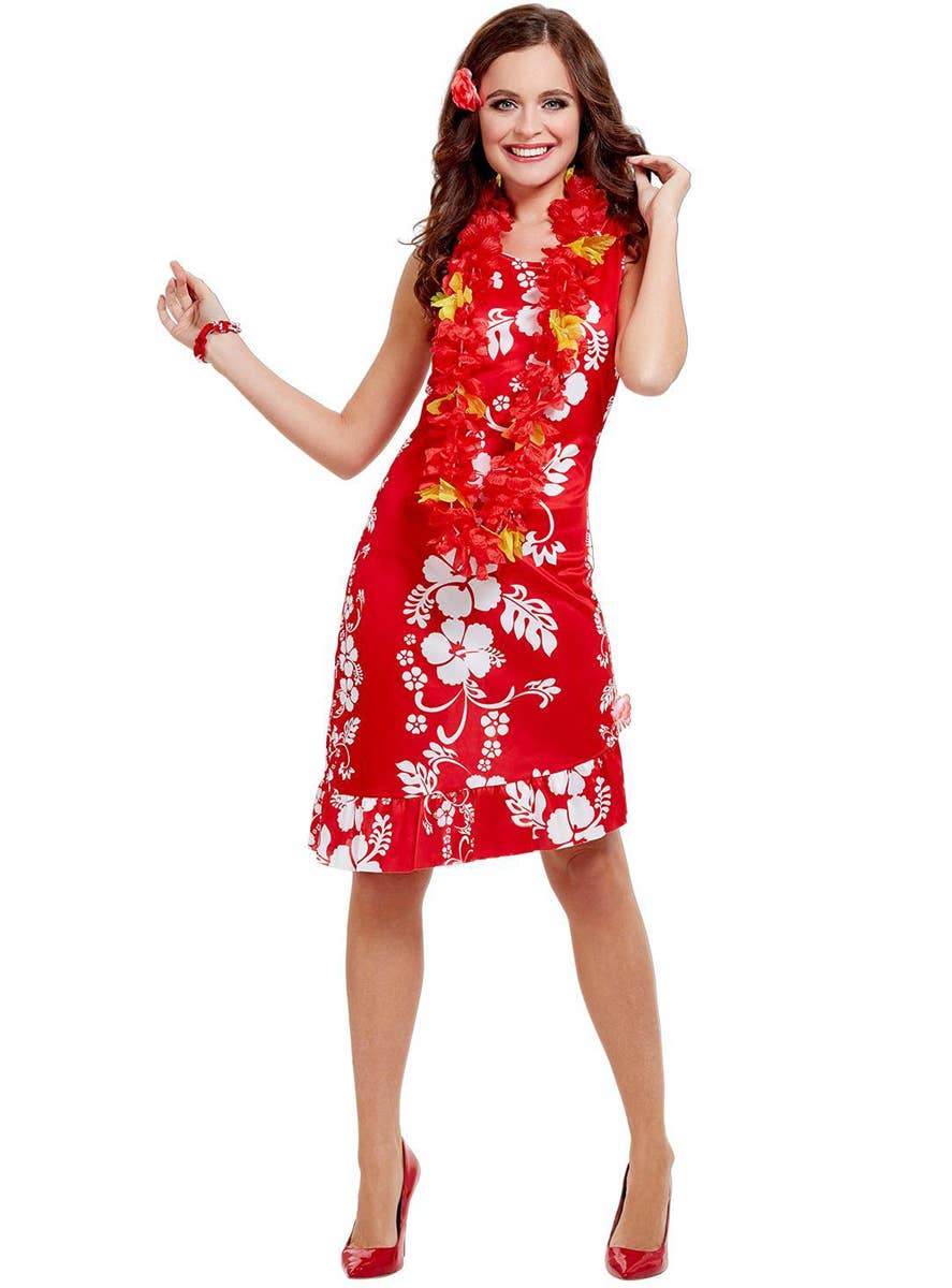 Womens Red and White Hawaiian Beauty Babe Costume - Front Image