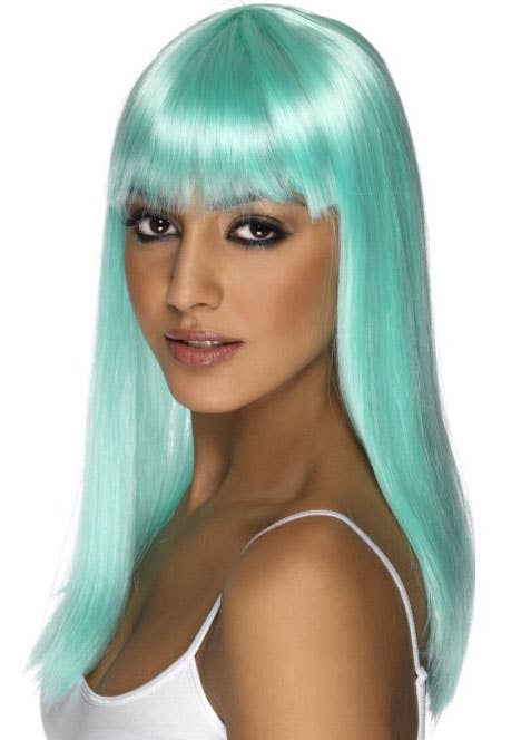 Straight Light Aqua Women's Costume Wig with Fringe