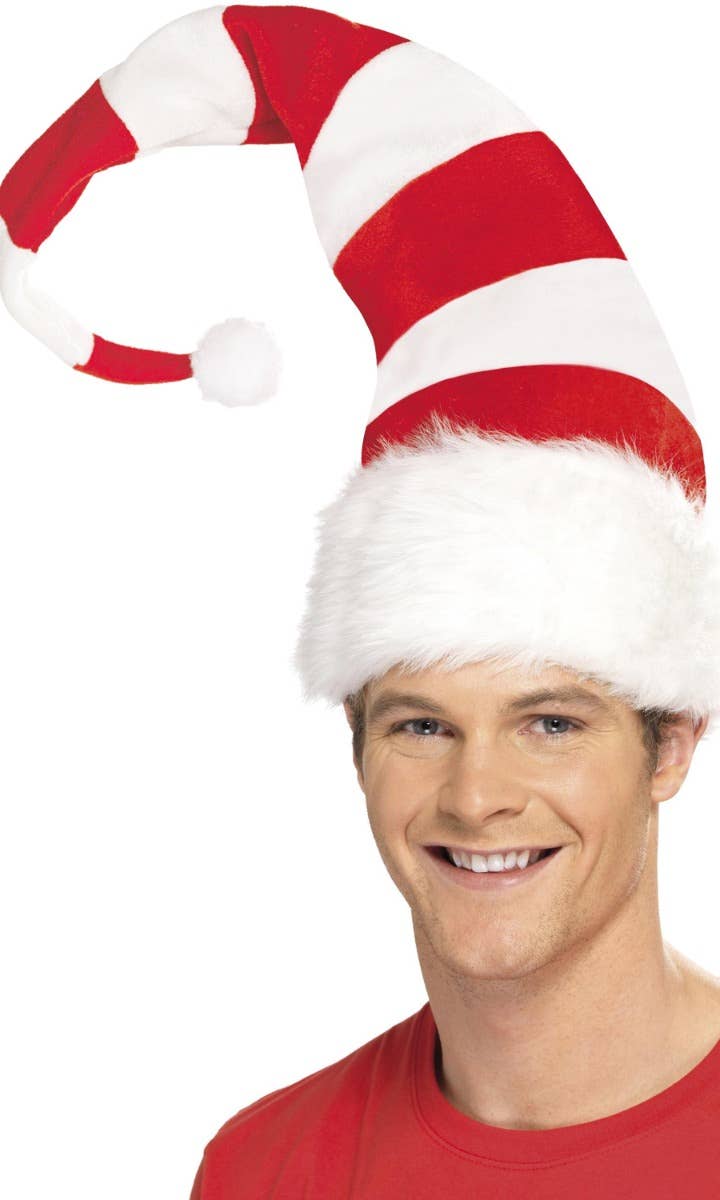 Adult's Red and White Striped Christmas Santa Hat Costume Accessory Main Image