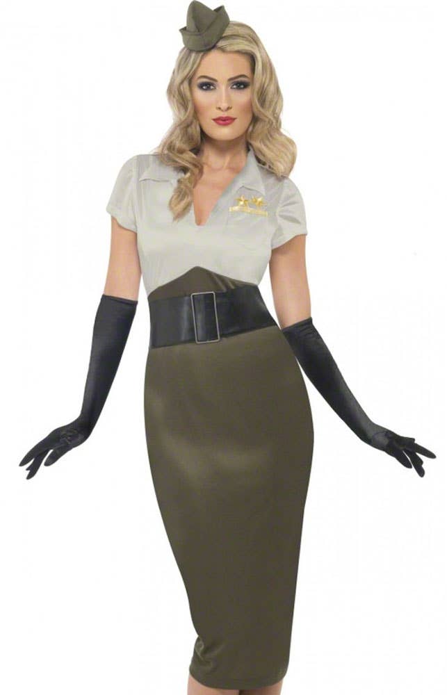 Womens 1940s Long Green Army Costume Military Uniform - Close View