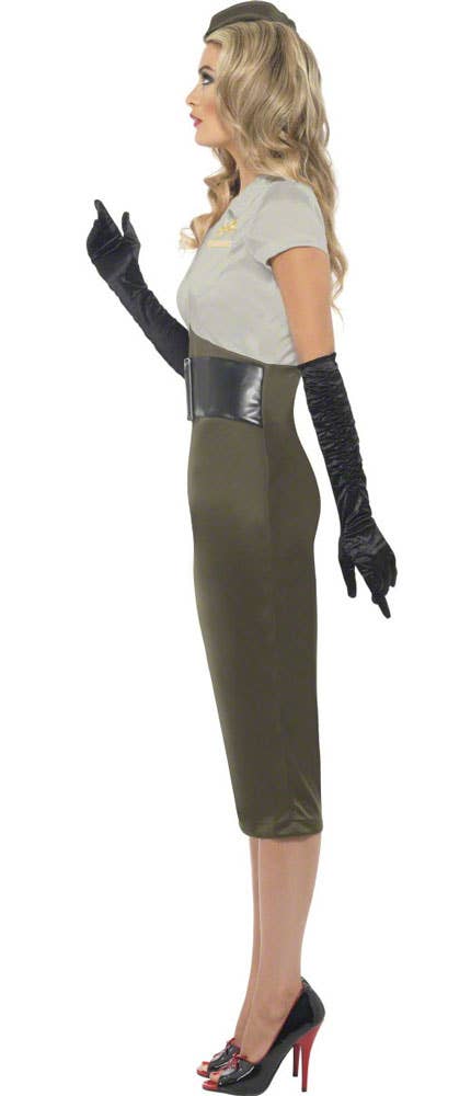 Womens 1940s Long Green Army Costume Military Uniform - Side View