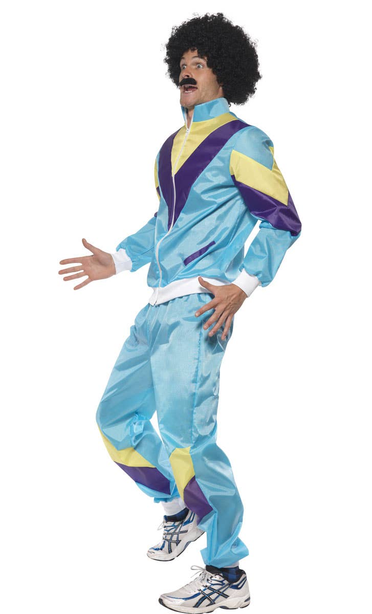 Mens 80s Fashion Blue Tracksuit Fancy Dress Costume - Side View