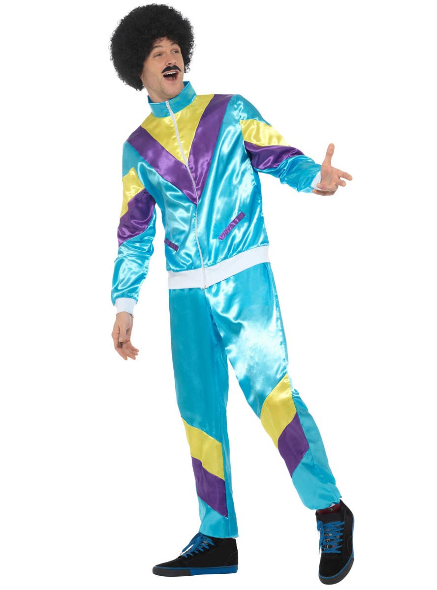 Mens 80s Fashion Blue Tracksuit Fancy Dress Costume - Side Image
