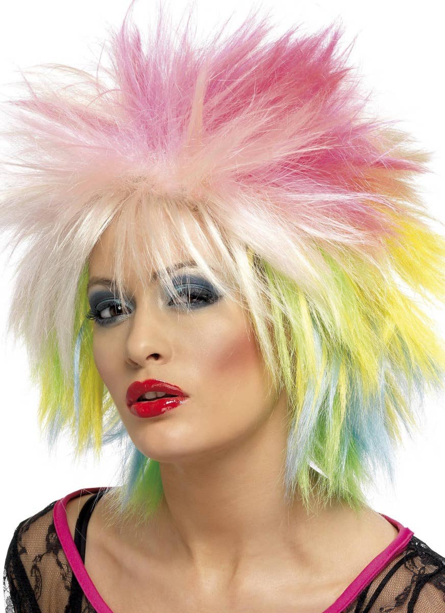 Women's Spiky Multi Colour 1980's Costume Accessory Wig - Front Alternative