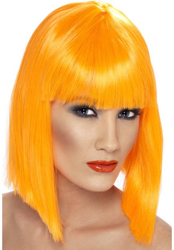 Short Neon Orange Concave Bob Women's Costume Wig with Fringe