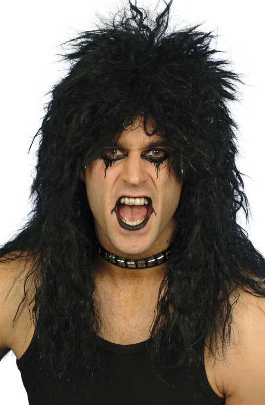 Mens 1980s Fashion Black Crimped Rocker Costume Wig - Main Image