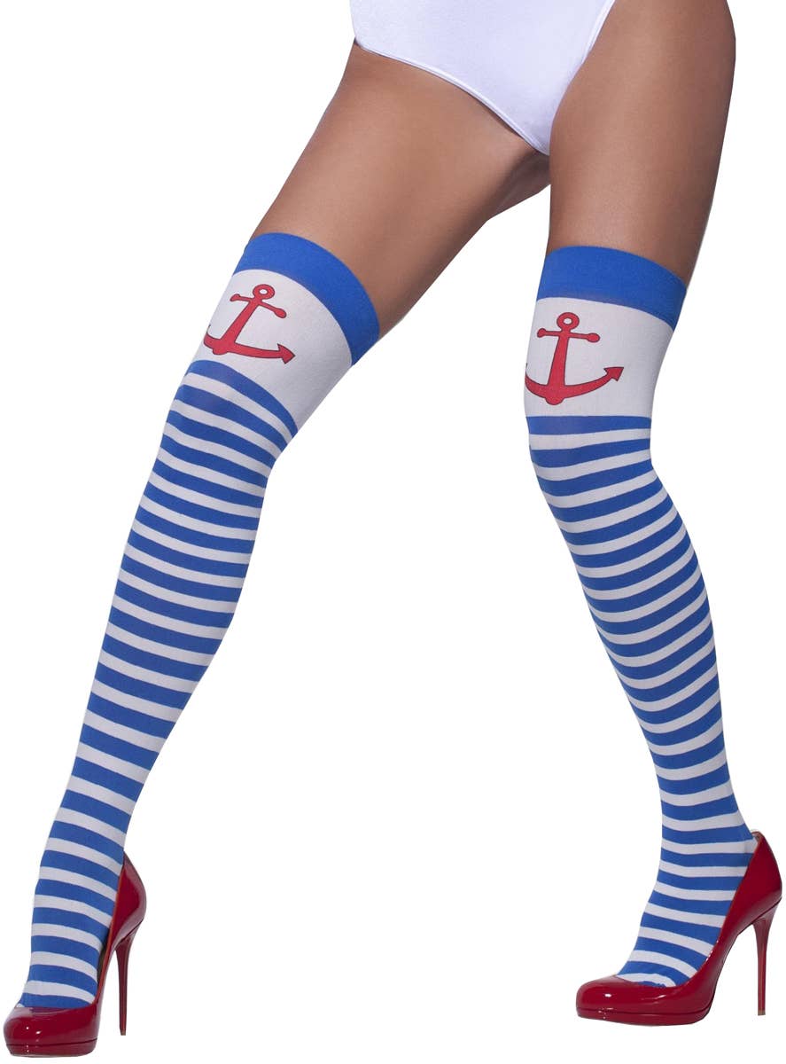 Blue and White Striped Thigh Highs with Anchor Print