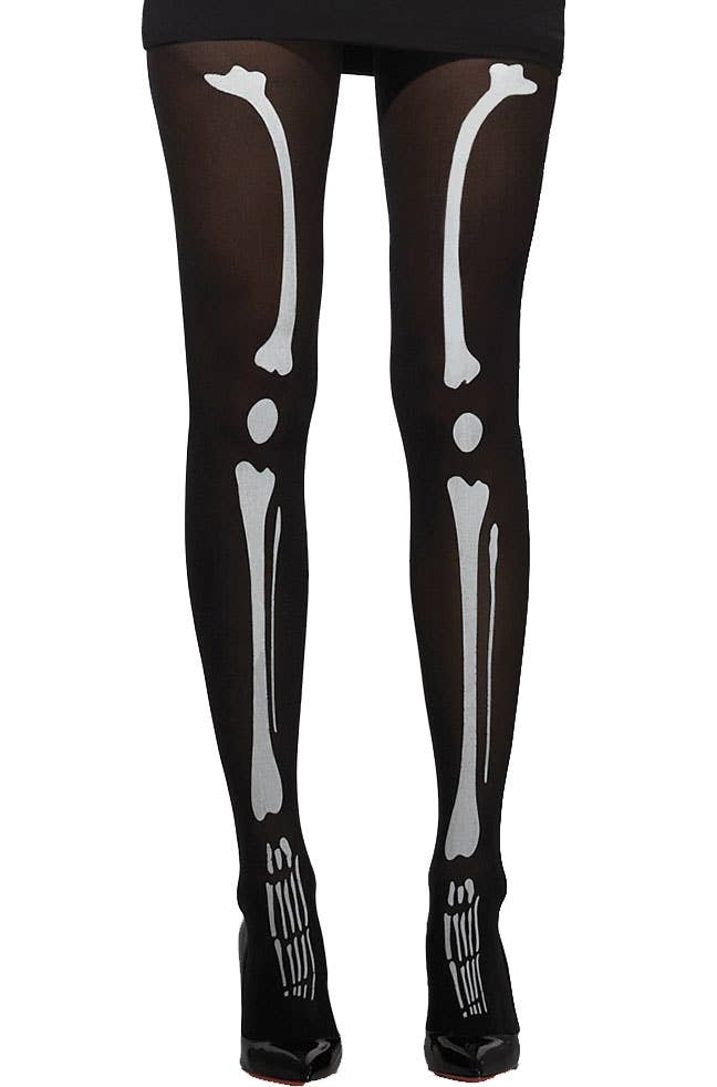 Full Black Opaque Costume Tights with White Skeleton Bone Details - Main Image