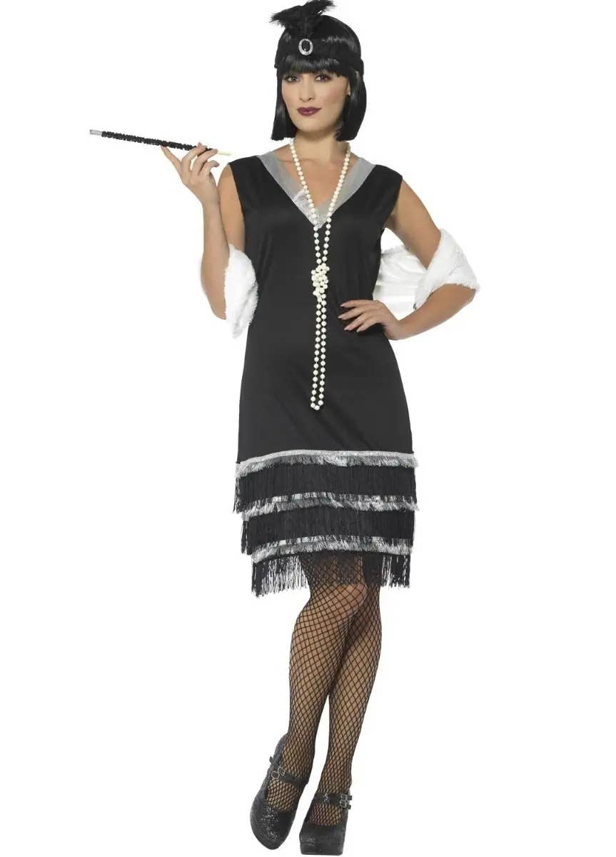 Image of Ritzy Black and Silver Womens Plus Size Flapper Dress Costume - Front View
