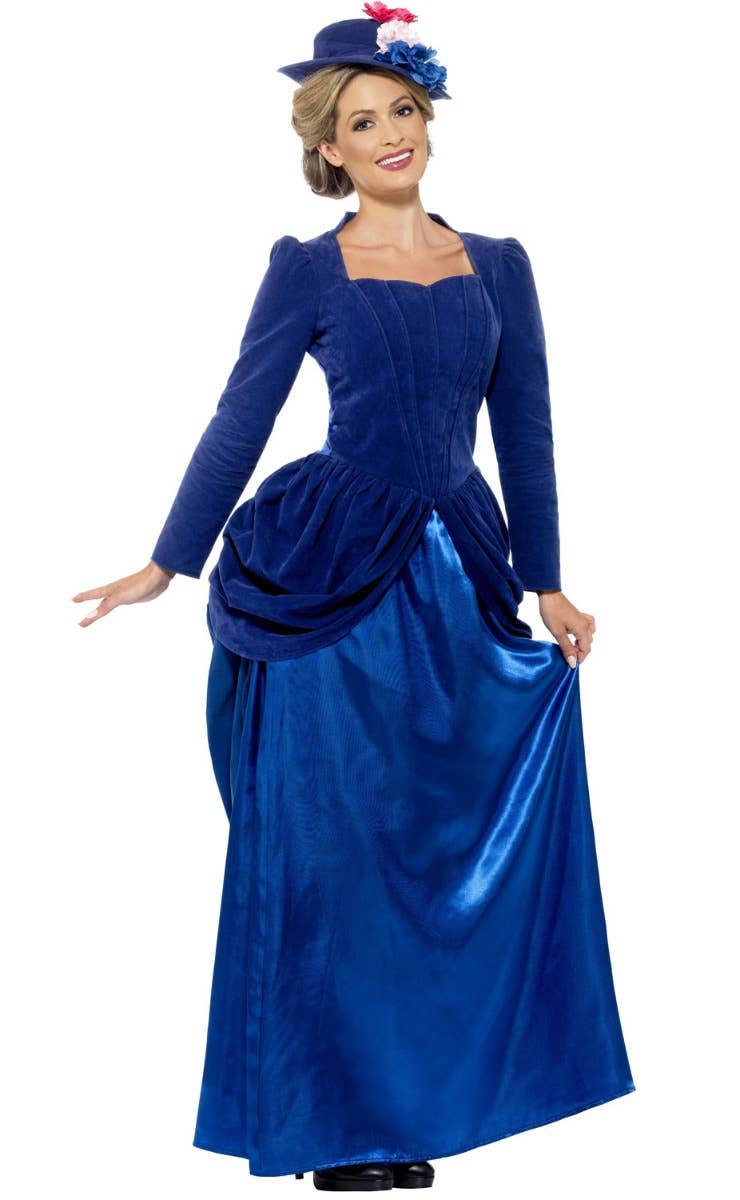 Women's Blue Victorian Vixen Mary Poppins Fancy Dress Costume Front Image