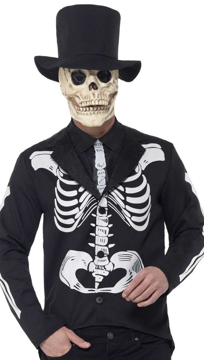 Mens Day Of The Dead Senor Skeleton Halloween Black And White Fancy Dress Costume Close Up Front Image