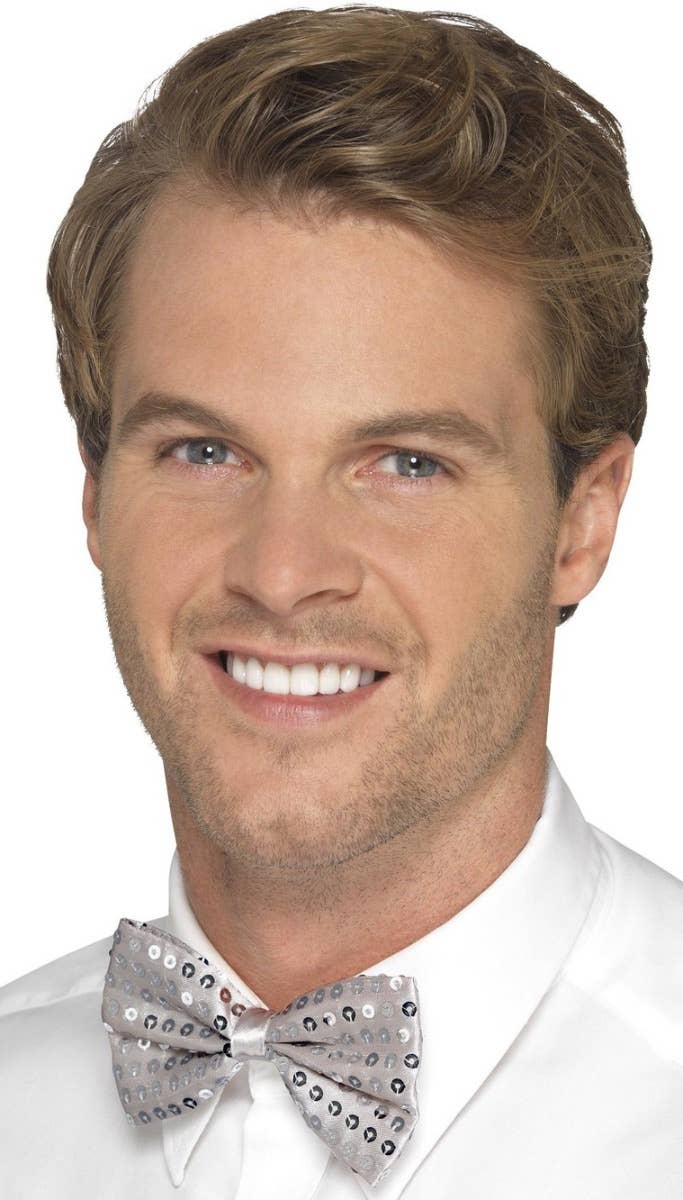 Image of Sequinned Silver Satin Novelty Bow Tie