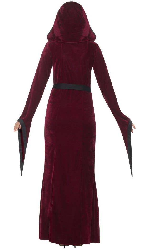 Women's Deep Red Velveteen Hooded Medieval Vampiress Halloween Fancy Dress Costume Back View Image
