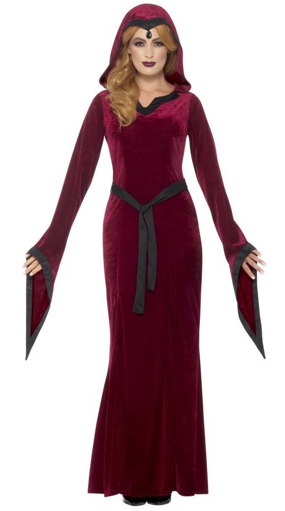 Women's Deep Red Velveteen Hooded Medieval Vampiress Halloween Fancy Dress Costume Main Image