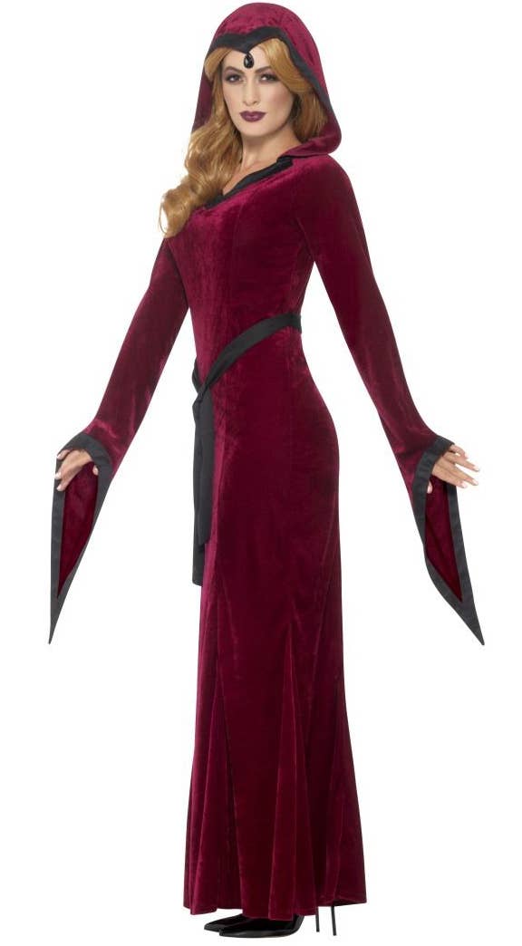 Women's Deep Red Velveteen Hooded Medieval Vampiress Halloween Fancy Dress Costume Side Image