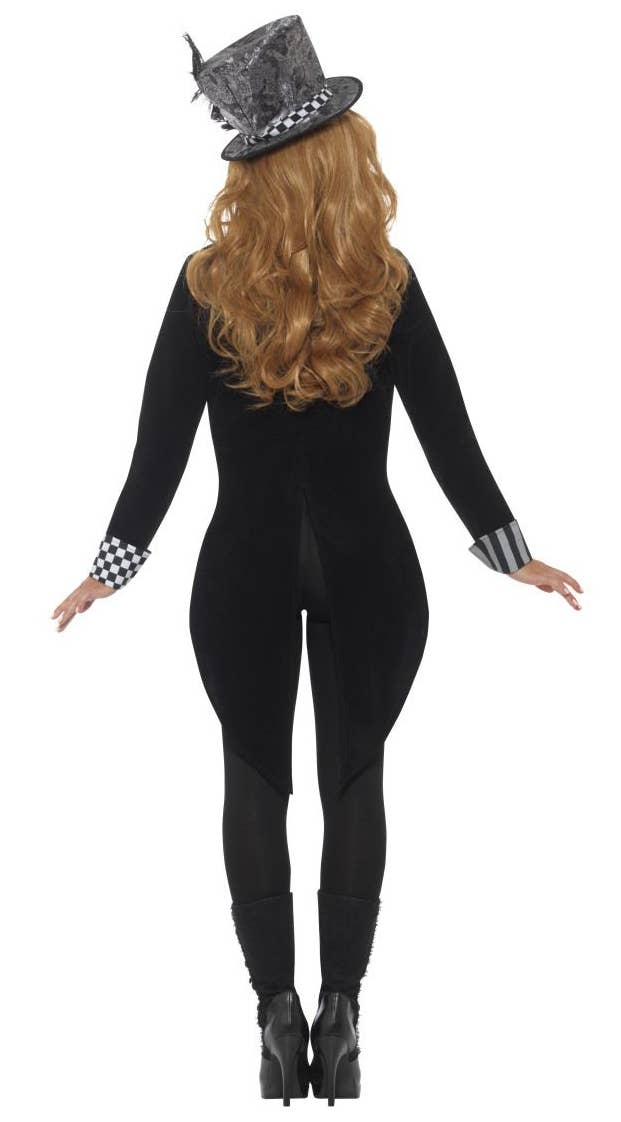 Women's Black And Silver Mad Hatter Alice In Wonderland Miss Hatter Halloween Fancy Dress Costume Back View Image