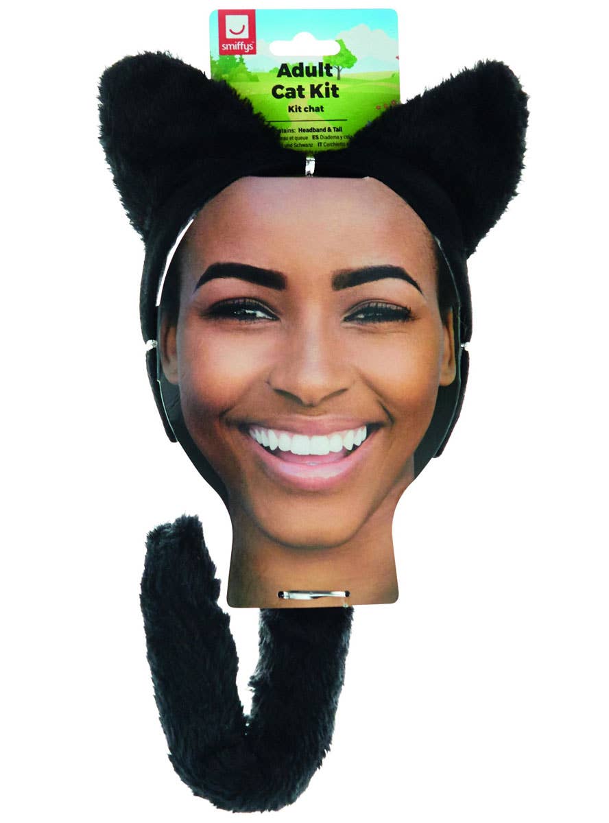Adult's Black Kitty Cat Headband and Tail Costume Accessory Kit - Pack Image