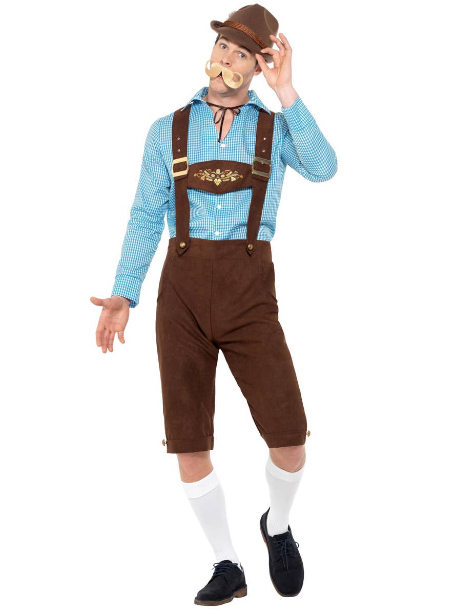 Oktoberfest Men's Blue and Brown Faux Suede Bavarian Beer Guy Lederhosen Fancy Dress Costume Front View 1