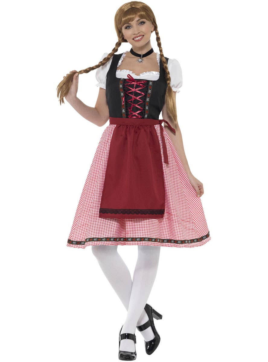 Women's Red Chequered Bavarian Tavern Maid Oktoberfest Fancy Dress Costume Front View 1