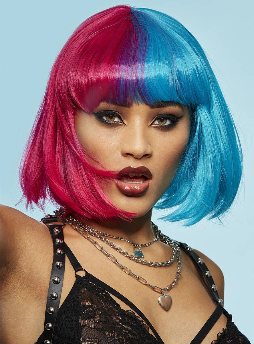 Pink and Blue Split Dye Womens Manic Panic X Smiffys Short Bob Fashion Wig - Alternate Image 2
