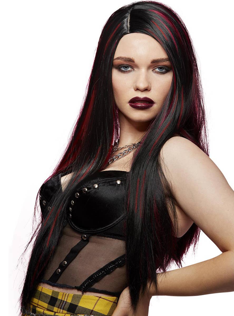 Womens Long Black Manic Panic Heat Resistant Costume Wig with Red Streaks - Main Image