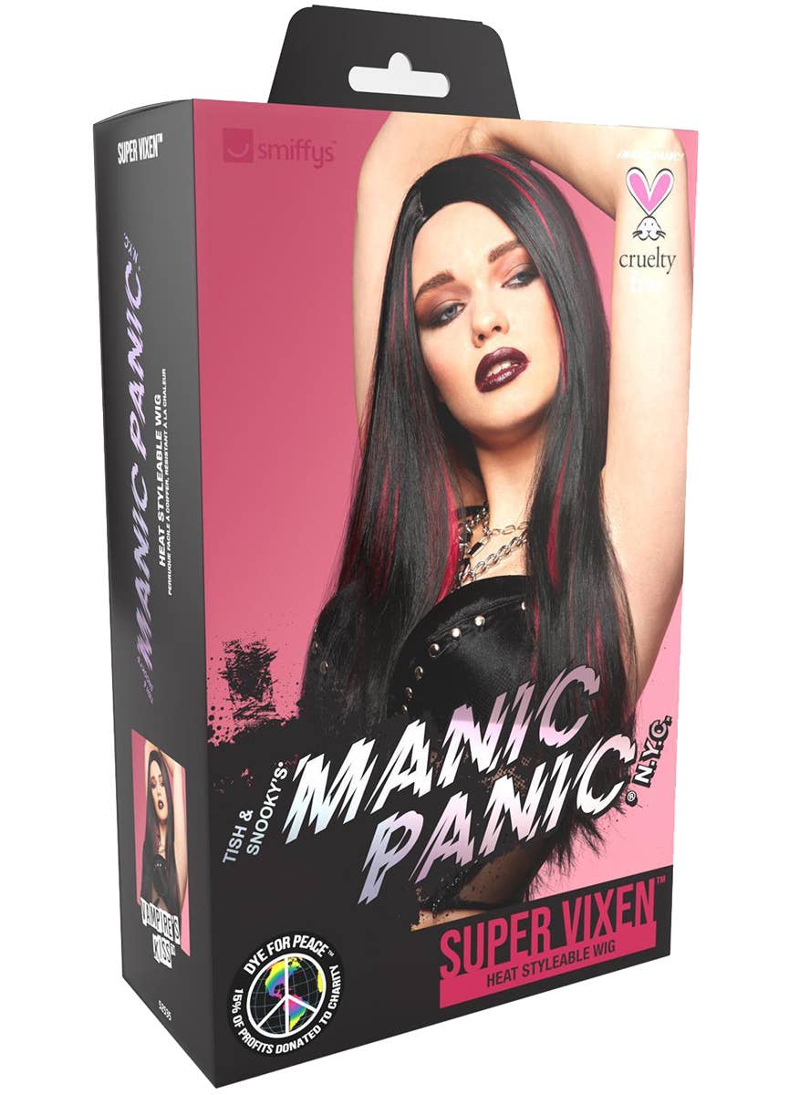 Womens Long Black Manic Panic Heat Resistant Costume Wig with Red Streaks - Packaging Image