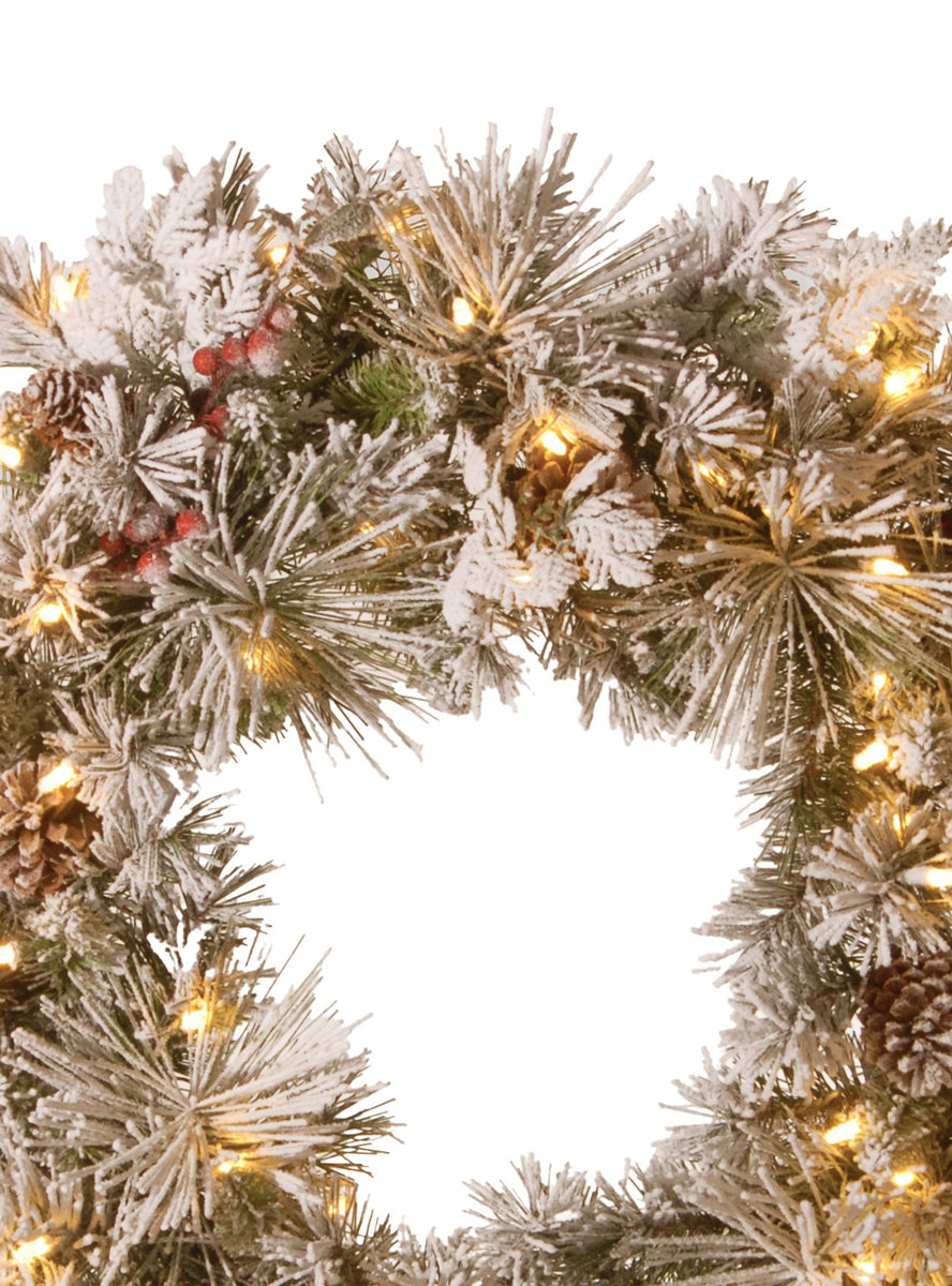 Snowy 61cm Bedford Christmas Wreath with Lights and Decorations - Close Image