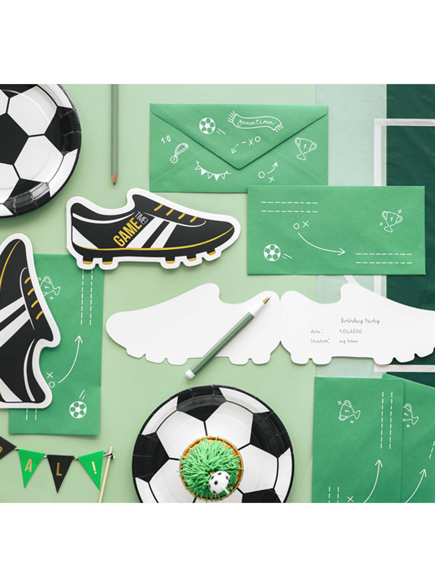 Soccer Party 6 Pack Game On Boot Shaped Birthday Party Invitations - Lifestyle Image 1