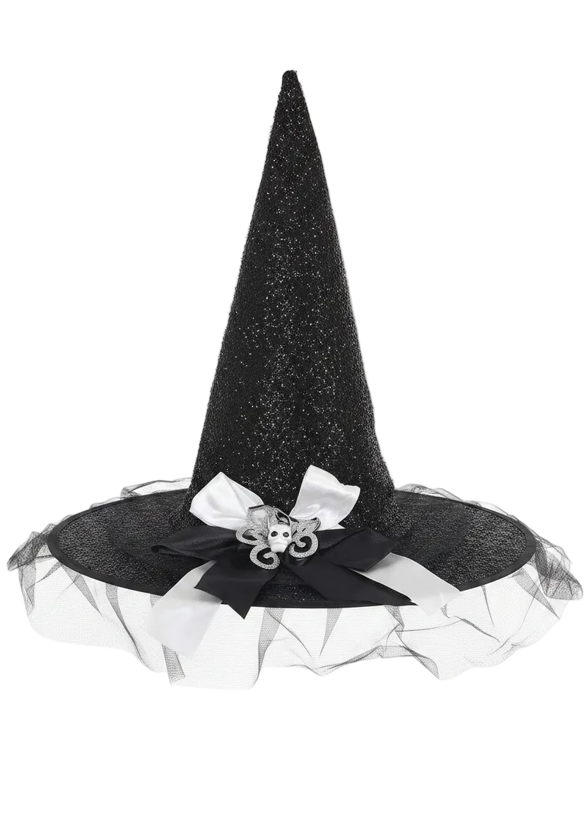 Image of Sparkly Black and White Witch Hat with Bow - alternative image