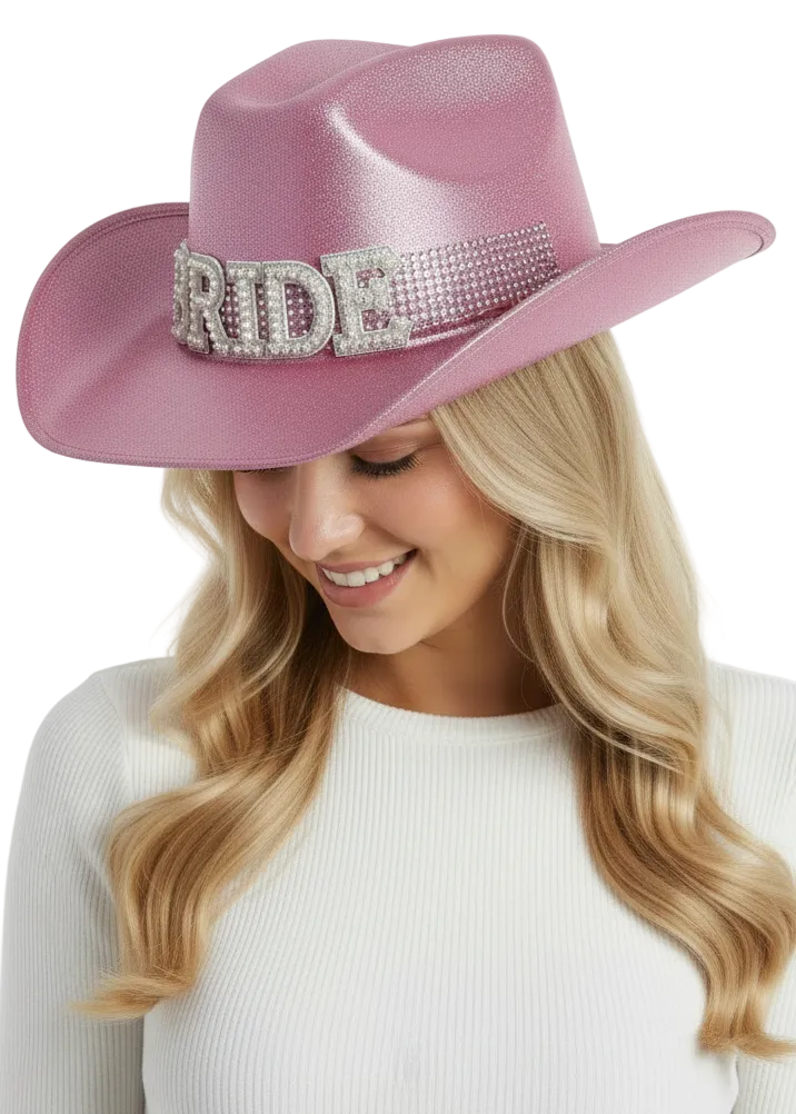 Image of Sparkly Pink Cowgirl Hat with Bride Embellishment - Main Image