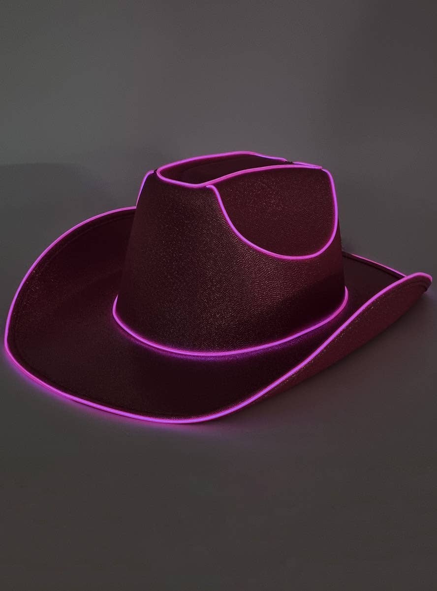 Image of Shimmery Pink Light Up Cowgirl Costume Hat - Lit Up Image