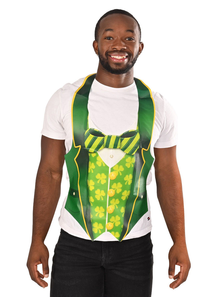St Patricks Day Green Shamrock Tie On Plastic Costume Vest - Main Image
