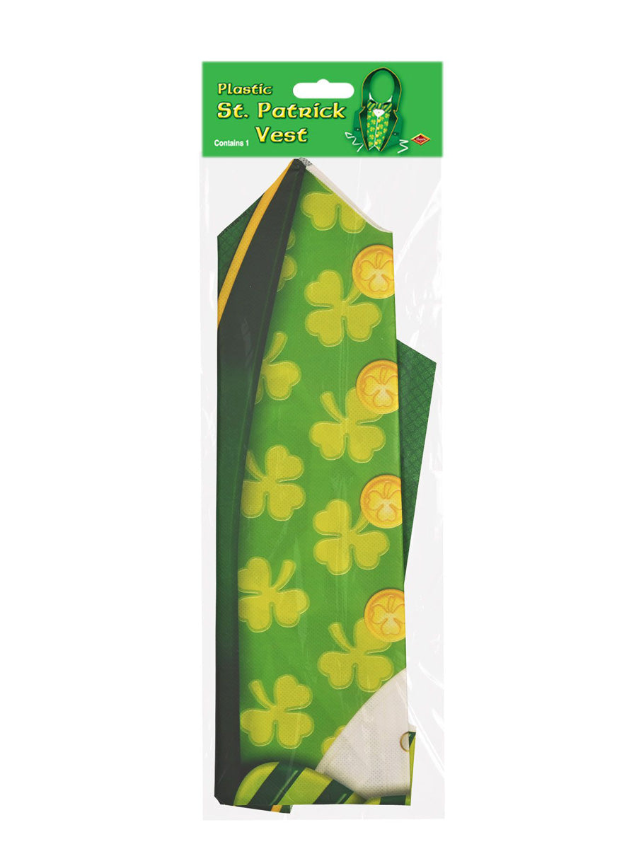 St Patricks Day Green Shamrock Tie On Plastic Costume Vest - Packaging Image
