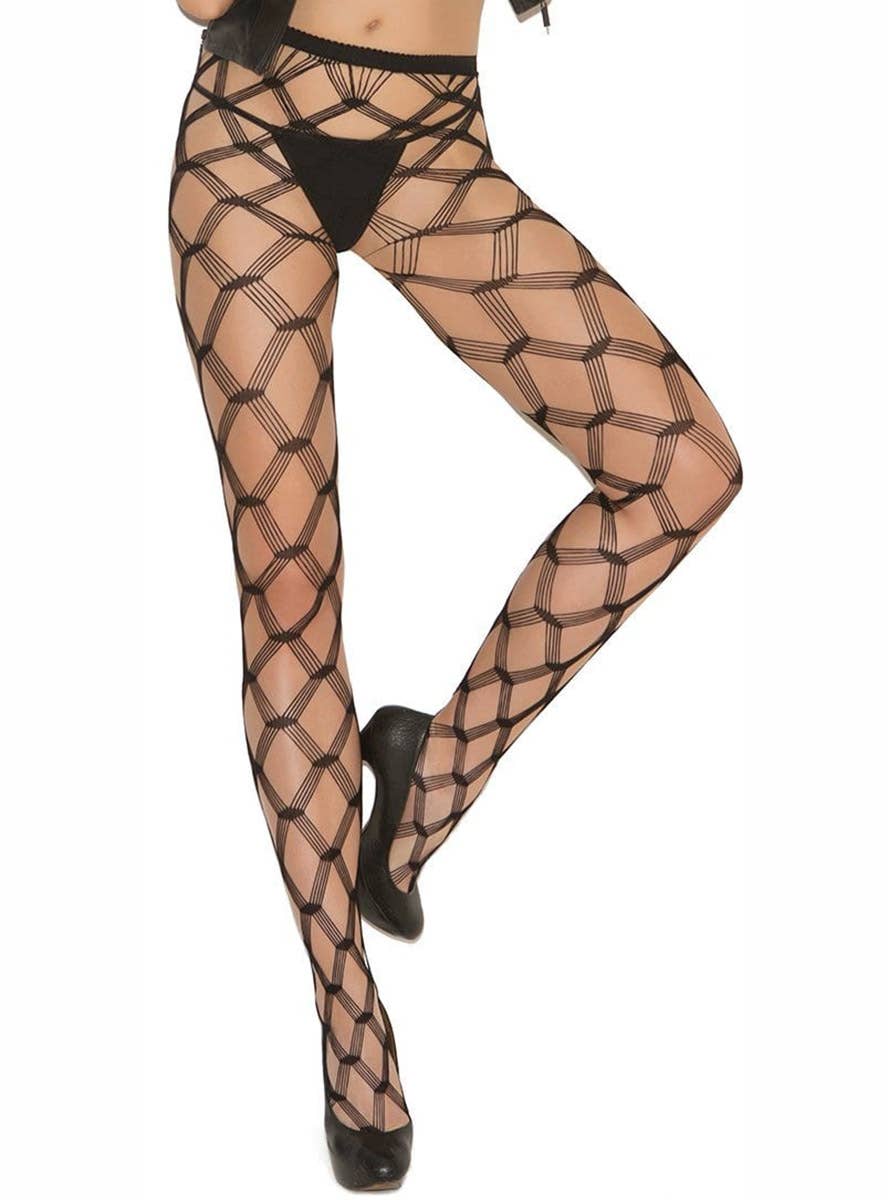 Image of Strappy Diamond Net Womens Black Full Length stockings