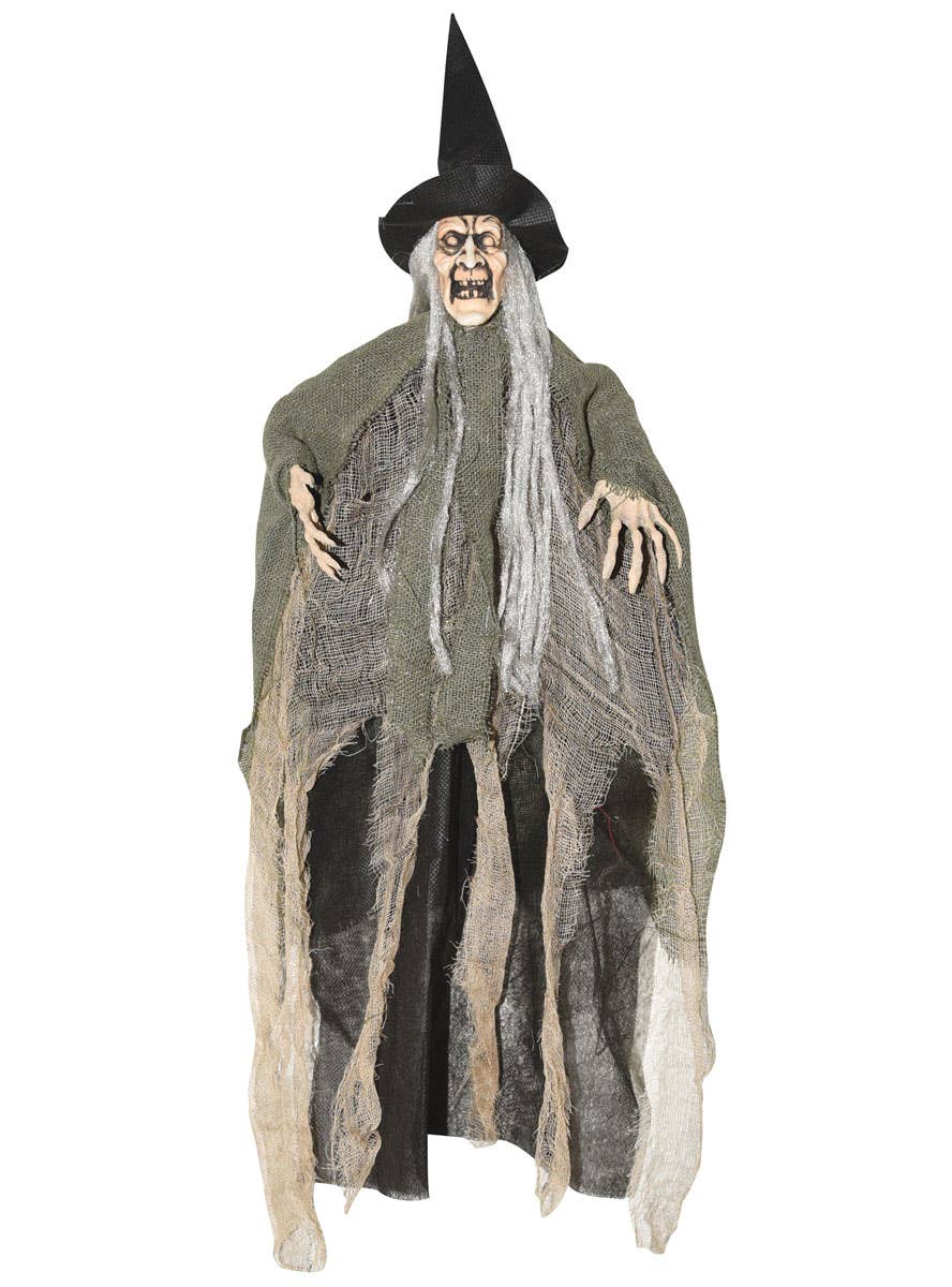 Green and Beige Hanging Tattered Witch Halloween Decoration