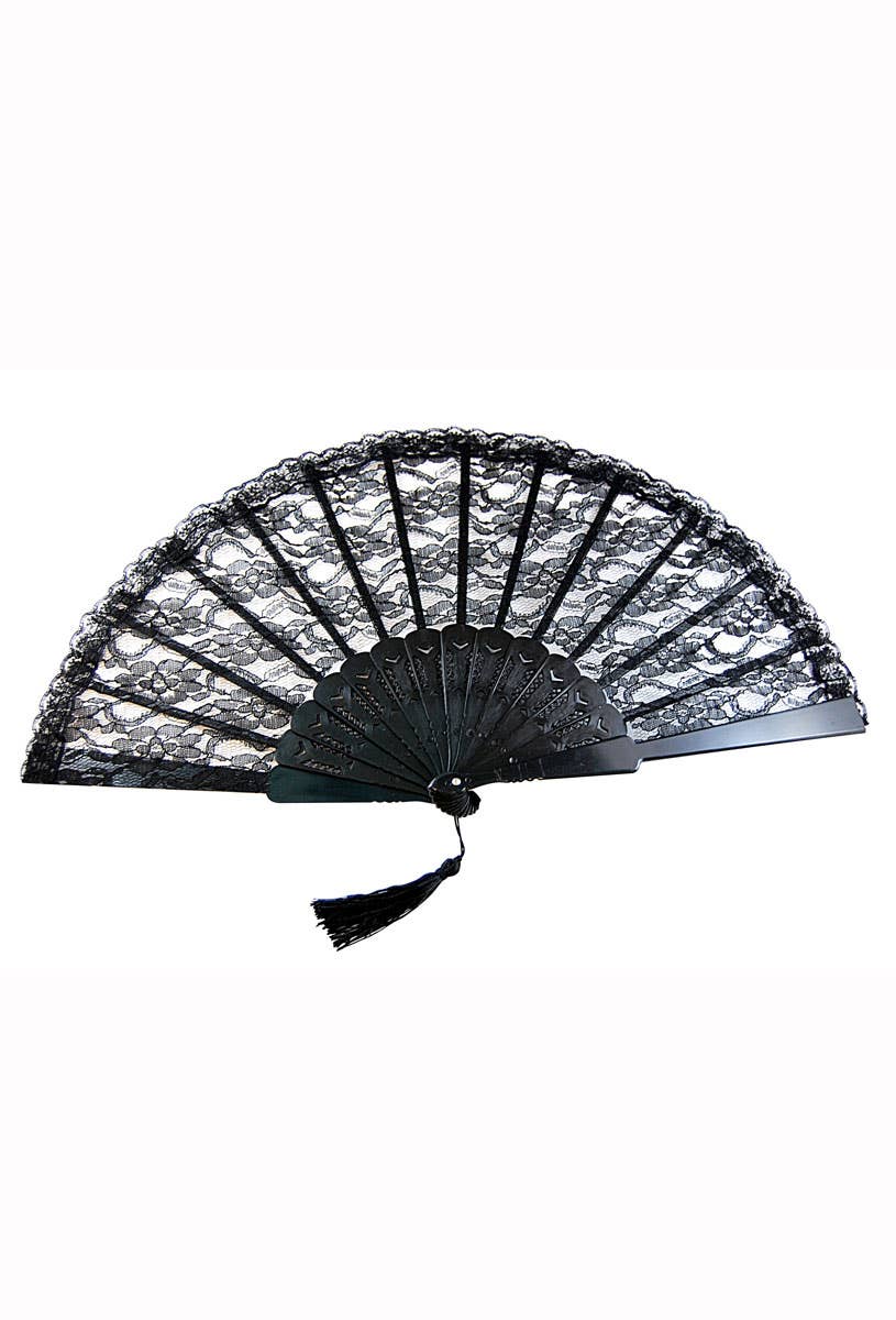 Black Lace Burlesque Fan with Tassel Costume Accessory