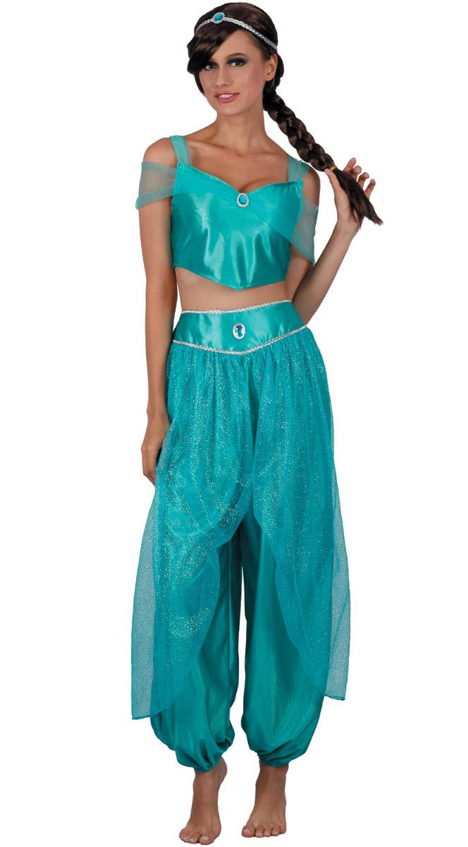 Women's Teal Desert Princess Arabian Fancy Dress Costume Main Image