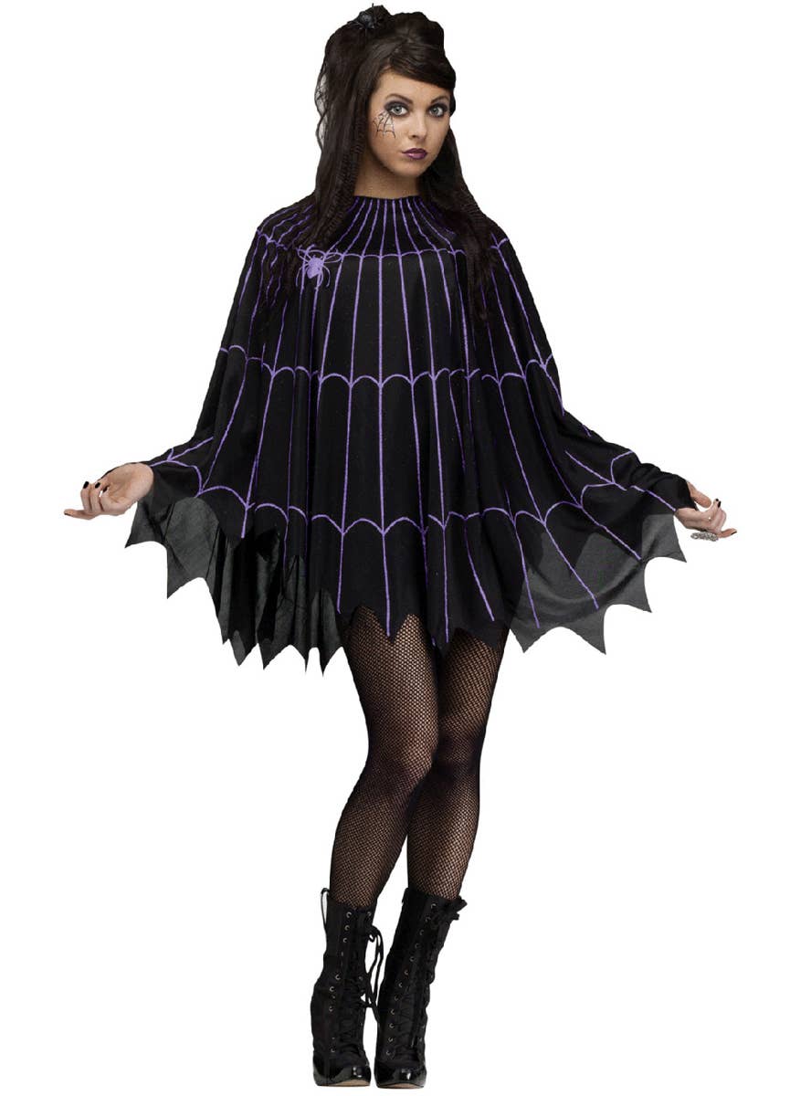Silver and Black Spiderweb Print Halloween Poncho