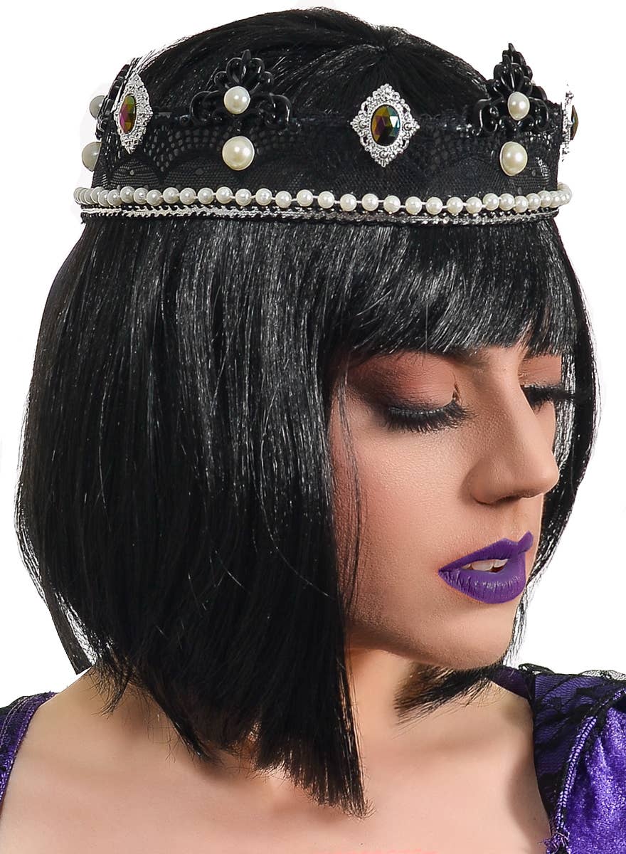 Image of Elegant Evil Queen Black Lace and Pearl Costume Crown - Side Image